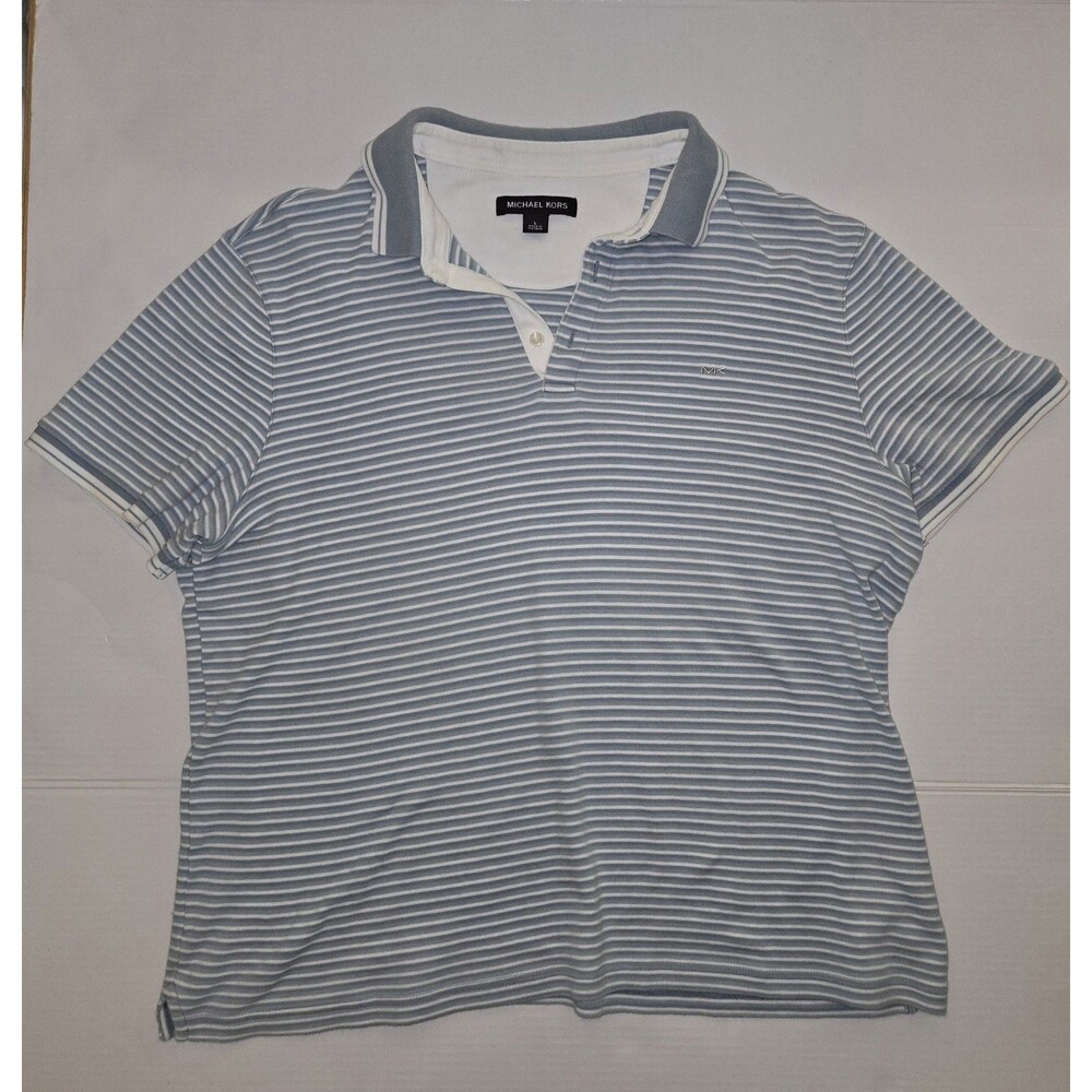 Michael Kors Men's L Regular Blue/White Striped Polo Short Sleeve Logo Buttons